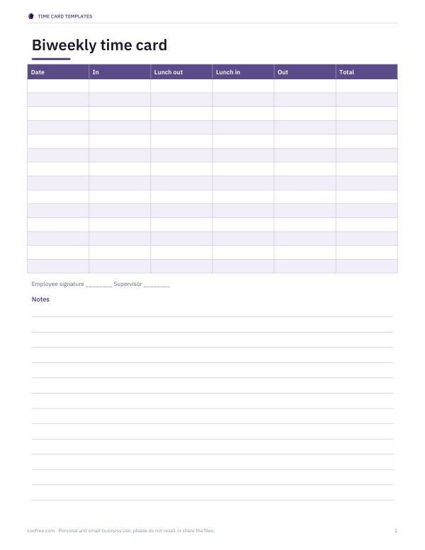 Preview of Biweekly Time Card with Lunch Break